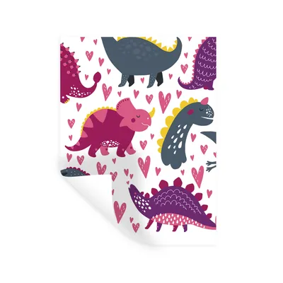 Produktbild von MuchoWow® Wandtattoo Wandsticker Wandaufkleber Dino - Herz - Muster - Rosa - Mädchen - Dinosaurier 60x80 cm Selbstklebend und Repositionierbar - Repositionierbar - Wasser abweisend