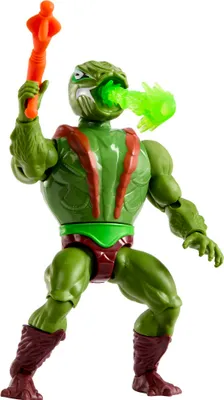 A green action figure with red accents and an orange weapon is shown against a white background.