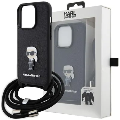 Produktbild von Karl Lagerfeld Crossbody Saffiano Metal Pin Karl & Choupette Hülle für iPhone 15 Plus  Schwarz Handyhülle