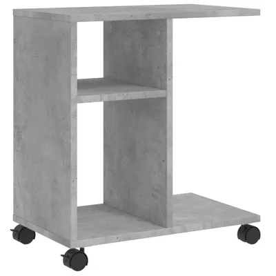 A concrete-effect side table with wheels on a white background.