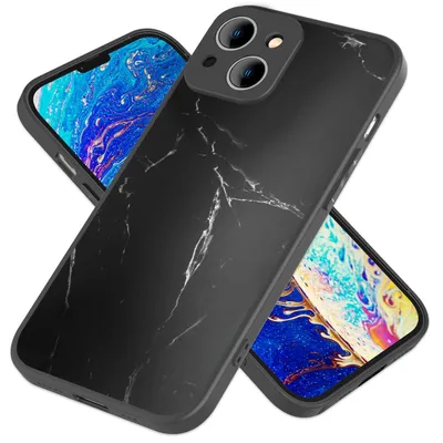 Obrázek produktu pro Skleněné pouzdro pro iPhone 14, mramorový vzhled tvrdého pouzdra se silikonovým rámečkem, ochranný kryt mobilního telefonu černý