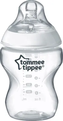 A clear, studio shot of a baby bottle.