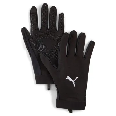 A pair of black Puma gloves on a white background.
