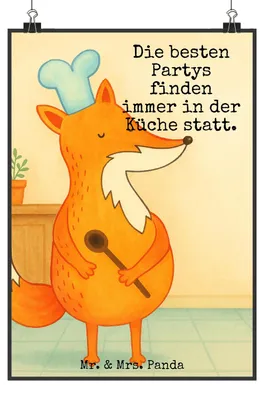 Produktbild von Mr. & Mrs. Panda Bild Fuchs Koch Design DIN A1 - Weiß - Geschenk, Wandbild, Geburtstag, Plakat, Küche Deko, Bäcker, Chefkoch, wanddeko, typografie poster, Hungrig, drucke
