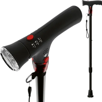 Produktbild von Gehstock höhenverstellbar mit Panikalarm und LED-Licht aus Alu Leichtgewicht nur 312g als verstellbare Gehhilfe Spazierstock mit Handschlaufe Höhe 74-95cm stabil für Senioren Damen Herren bis 136kg