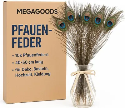 Produktbild von 10x Pfauenfedern 40–50 cm für Deko Basteln Hochzeit Kleidung DE.