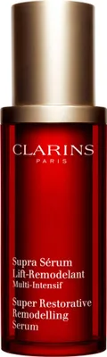 A product shot of a Clarins serum bottle.
