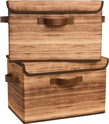 Produktbild von Aufbewahrungsboxen mit Deckel, 2 Stück, faltbare Aufbewahrungsboxen, Stoff, Aufbewahrungskörbe für Kleidung, Holzmaserung, gelb, Faltboxen mit Deckel für Kleiderschrank