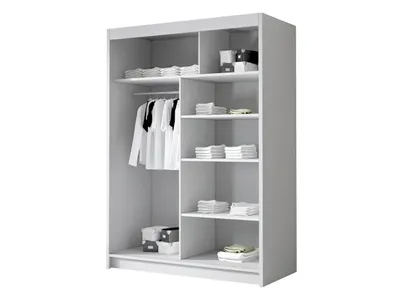 An open wardrobe with clothes hanging and folded on shelves.