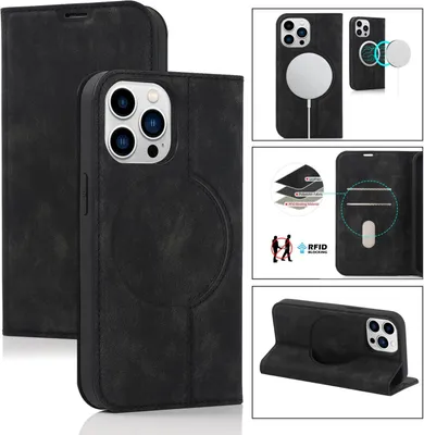 Collage of product images showing a black iPhone case with MagSafe, card slots, and a stand function.