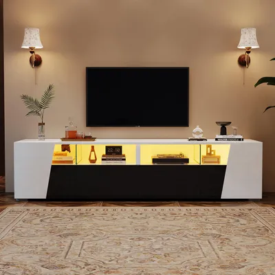 Zdjęcie produktu dla RTV stojak 180 cm do telewizora 80 cali, biały, czarny, z oświetleniem LED, 2 szuflady i 2 drzwiczki