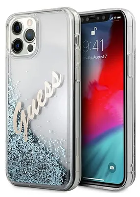 Produktbild von Guess Apple iPhone 12 / 12 Pro Blau Glitter Vintage Script Glitzer Hard Case Cover Schutzhlle Etui