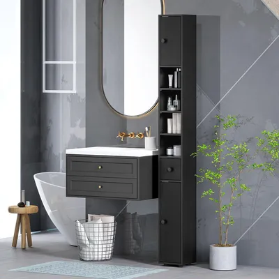 Produktbild von Badschrank Hochschrank schmal mit 2 Türen & 1 Schublade, 180x20x20 cm Nischenschrank höhenverstellbar, Soft-Close Mehrzweckschrank Badezimmer, Schwarz
