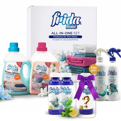 Image de Kit Frida Duftset, 7 pièces : 6 parfums – Brume d'ambiance Chekaa Dee & Layali, parfum multi-usage Clean & Lemon, désodorisant textile Fresh & Spring Breeze