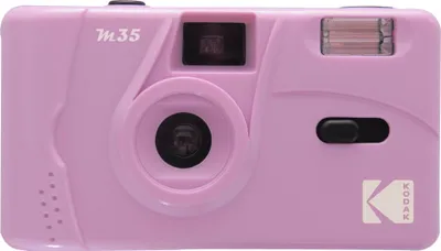 A front view of a purple Kodak M35 camera against a white background.
