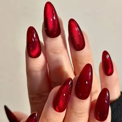 Produktbild von Künstliche Fingernägel zum Aufkleben, Mandel, French Press On Nails, Rot, Katzenauge, Glitzer, 24 Stück