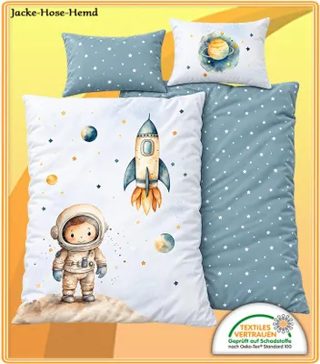 Produktbild von Baby Bettwäsche Astronaut Rackete Sterne Weltall Erde Mond Gr. 100x135cm