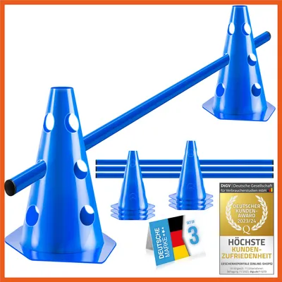 Produktbild von Premium Steckhürden Set für Hunde & Pferde - Agility Trainingszubehör 3er Set mit Stangen & Hütchen für Tier- & Fußballtraining, Blau