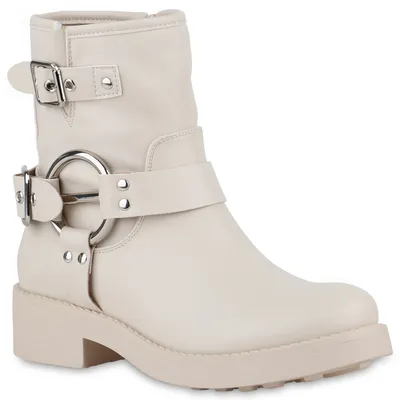 Produktbild von VAN HILL Damen Leicht Gefütterte Biker Boots Schnallen Nieten Schuhe 840843, Farbe: Beige, Größe: 36