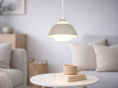 Produktbild von Kleine LED Pendelleuchte Beige Weiß mit Metall & Glasschirm, einflammig Ø 23cm