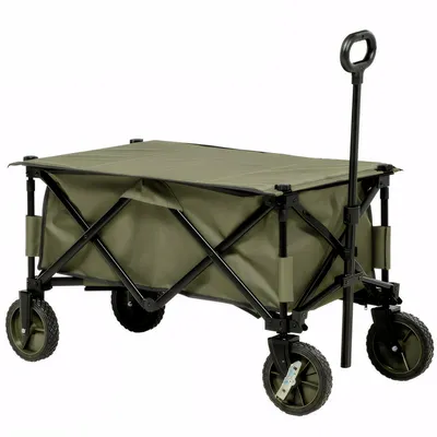 Produktbild von Bollerwagen Klappbar Mit 4 Rädern, Transportwagen Höhenverstellbarer Griff Und Neigbarem Tablett, Grün Polyester Für Strand Camping Einkauf
