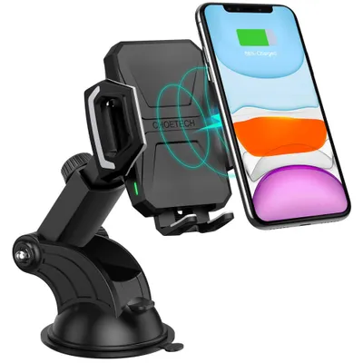 Produktbild von Choetech Qi kabelloses Ladegert 10W Autohalterung mit verstellbarem Arm fr Armaturenbrett + USB-Kabel - USB Typ C 1m schwarz (T521-S)