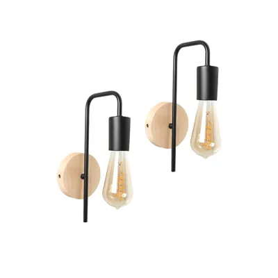 Produktbild von 2er-Pack Wandleuchten mit Holz- und schwarzem Metallsockel, minimalistisches skandinavisches Design, E27-Fassung