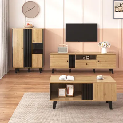 Produktbild von Wohnzimmer 3-teiliges mit Couchtisch, TV-Möbel und Sideboard, LED-Beleuchtung, Mehrere Staufächer, Kombination von Holz und Schwarz