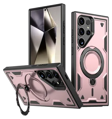 Produktbild von Dual Layer Hülle für Samsung Galaxy S24 Ultra Metall Ring Ständer Magnetisch Stoßfest Militär Handyhülle Roségold