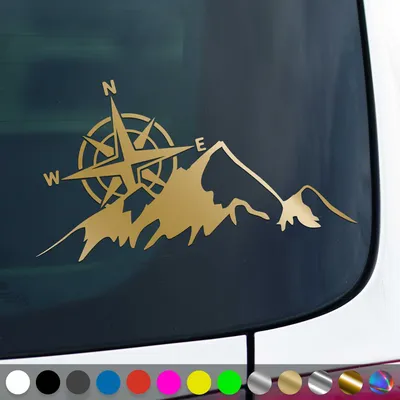 Produktbild von PantherPixel Kompass Berge Aufkleber Windrose Reisen Camping Sticker Auto Geschenkidee Farbe Gold