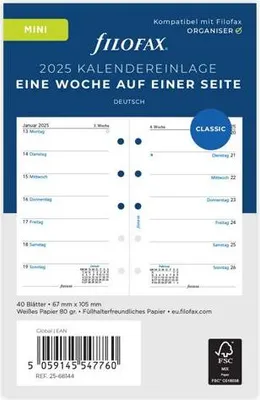 Produktbild von FILOFAX Kalendereinlage 2025 - Mini - 1 Woche = 1 Seite - weiss deutsch - 25-68144