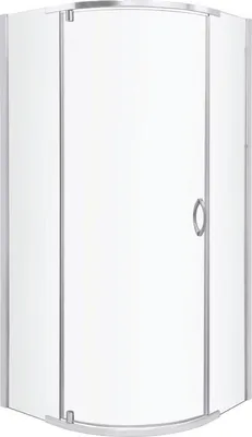 A shower cabin with a curved glass door and silver metal frame.