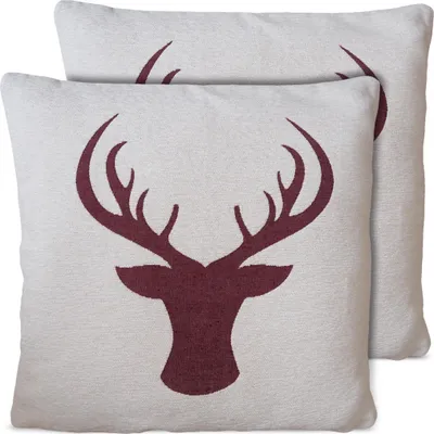 Produktbild von 2er Set Kissenhüllen 45x45 cm beige mit Hirsch rot als Weihnachts-Deko