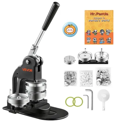 Zdjęcie produktu dla Maszyna do produkcji przypinek VEVOR 75 mm, zestaw do tworzenia przypinek zawierający 500 półfabrykatów, wycinak okrągły, klucze sześciokątne, instrukcję obsługi oraz ergonomiczny uchwyt, do samodzielnego tworzenia przypinek i odznak – kolor czarny