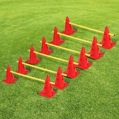 Image de Aopunly Set de 6 haies à enfoncer, entraînement pour la coordination, réglable en hauteur rouge haies en plastique avec 12 cônes
