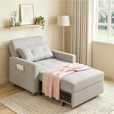 Produktbild von Bealife 3-in-1 Schlafsessel AR22 mit Liegefunktion - Ausziehbarer Relaxsessel mit Armlehnen & Seitentasche - Maße 191x68x44cm (LxBxH) -Hellgrau