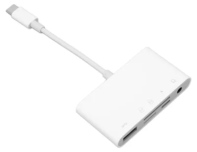 Zdjęcie produktu dla Hub USB-C 5 w 1 z portem USB 3.0, gniazdem na karty pamięci, portem ładowania typu C, gniazdem AUX 3,5 mm i adapterem USB