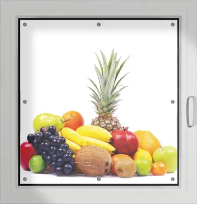 Produktbild von Wallario Lichtschutzbild, Dekorativer Sichtschutz Sonnenschutz 96 x 100 cm mit Motiv: Gemischtes Obst aus aller Welt - Exotische Obstsammlung - Verdunklung ohne Bohren