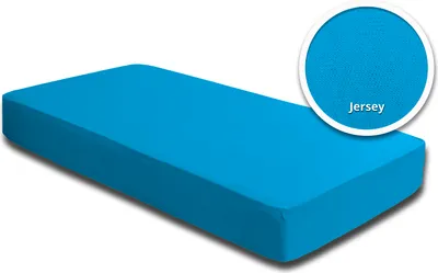 A close-up, angled view of a turquoise fitted sheet on a white background, with a magnified inset showing the fabric texture and the word "Jersey".