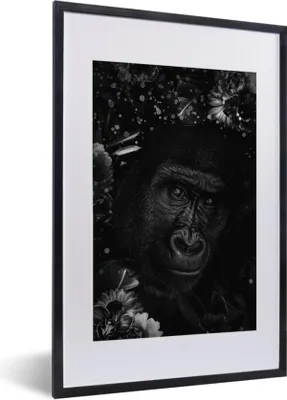 Produktbild von MuchoWow® Gerahmtes Poster Botanischer Affe mit hellen Kugeln auf dunklem Hintergrund - schwarz und weiß 40x60 cm - Poster mit Schwarzem Bilderrahmen Wandposter Rahmen Foto Bilder - Poster in Rahmen