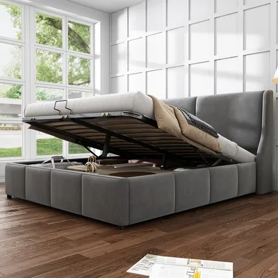 Obrázek produktu pro STILVORA Dvoulůžko 140 x 200 cm Čalouněná postel s hydraulickým mechanismem, postel pro mládež s úložným prostorem a opěrkou, šedá (bez matrace)