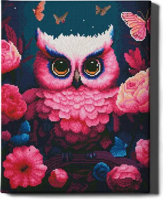 A diamond painting kit featuring a pink owl surrounded by flowers and butterflies.