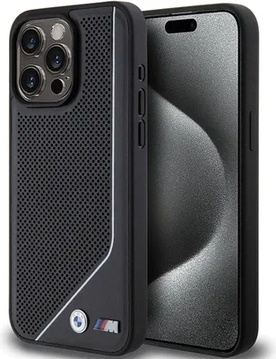 A black iPhone 15 Pro case with a perforated design and BMW branding is shown against a white background.