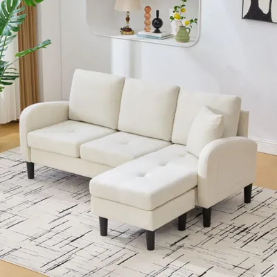Produktbild von L-förmiges Ecksofa mit Chaiselo, 3-Sitzer-Sofa aus Baumwoll-Leinen mit Kunststoffbeinen, atmungsaktives, modulares Sofa für das Wohnzimmer, hellbeige