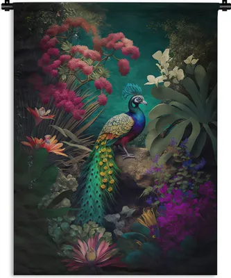 Produktbild von MuchoWow® Wandteppich Wandbehang Pfau - Federn - Blumen - Vogel 120x160 cm Tapisserie Dekoration Wandtuch - Wohnzimmer - Moderne