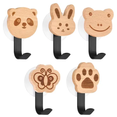 Immagine prodotto di Ganci per appendiabiti a forma di animali, in legno, adesivi, set da 5 pezzi