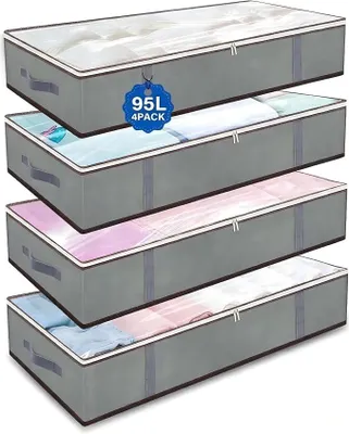 Produktbild von PolkaHome® 4er Set 95L Aufbewahrungsboxen unter dem Bett, faltbare Kleiderbox mit Deckel, Aufbewahrungstasche für Bettdecken, Kissen,