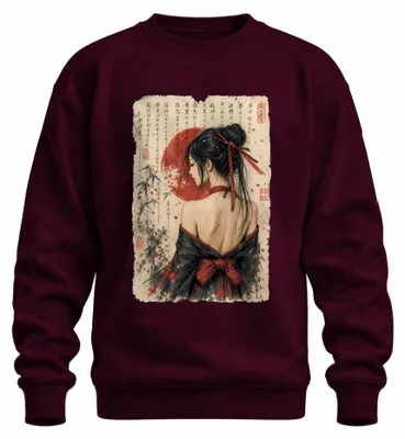 Obrázek produktu pro Japonský kimono gejši, motiv: červené slunce, Japonsko, styl Y2K, sumi-e, ukiyo-e, mikina, svetr, vínová barva, velikost 3XL