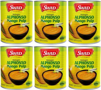 Produktbild von 6er Pack - SWAD Alphonso Mango Püree (6x 850g) | Mangopürre | Mango Pulp | Gesüßtes Mangofruchtmark