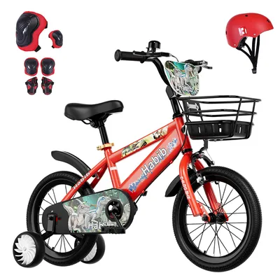Produktbild von Habib Bicycle Dino Jungenfahrrad 12" 14" 16" | Set mit Schutzpads & Pumpe, Rot / 16 zoll